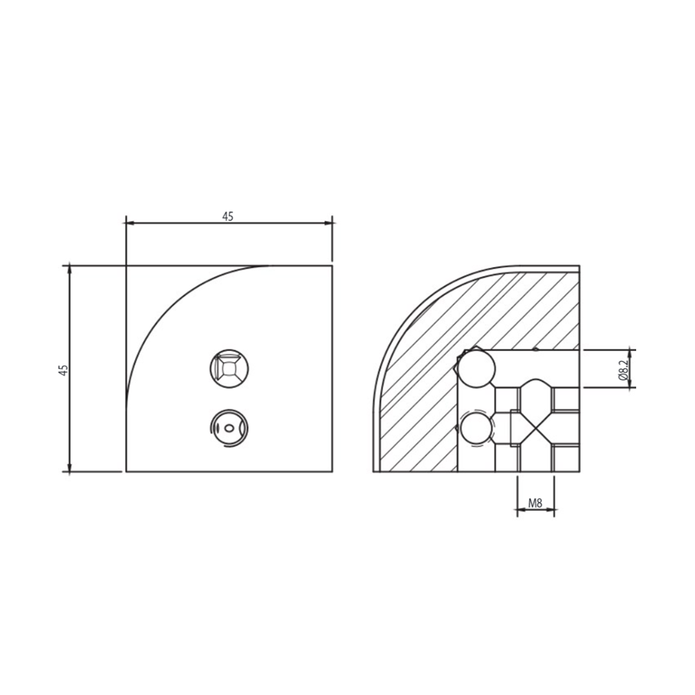 40-032-0 MODULAR SOLUTIONS ANGLE CONNECTOR<BR>32MM X 32MM JOINT FOR CONNECTING ROUND CORNER PROFILE 90DEG